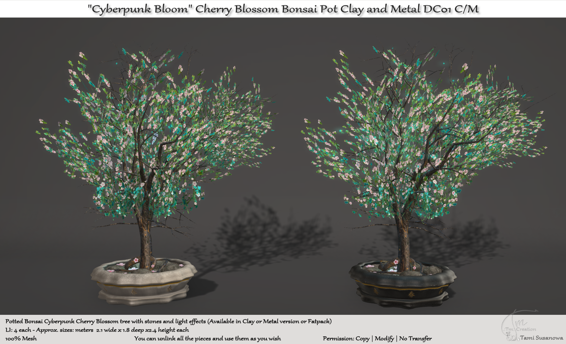 TM Creation – “Cyberpunk Bloom” Cherry Blossom Bonsai Pot Clay and Metal