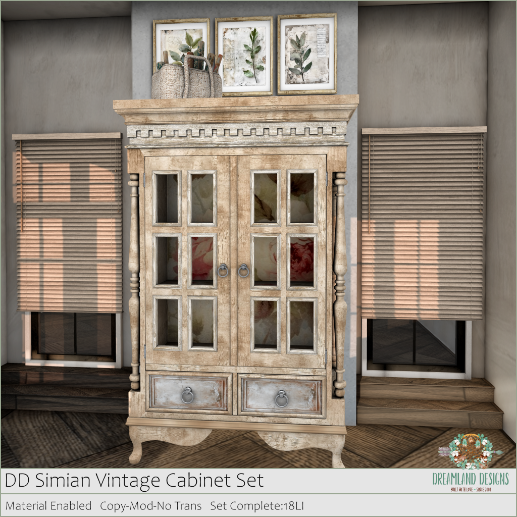 Dreamland Designs  – Simian Fireplace &  Simian Vintage Cabinet Set